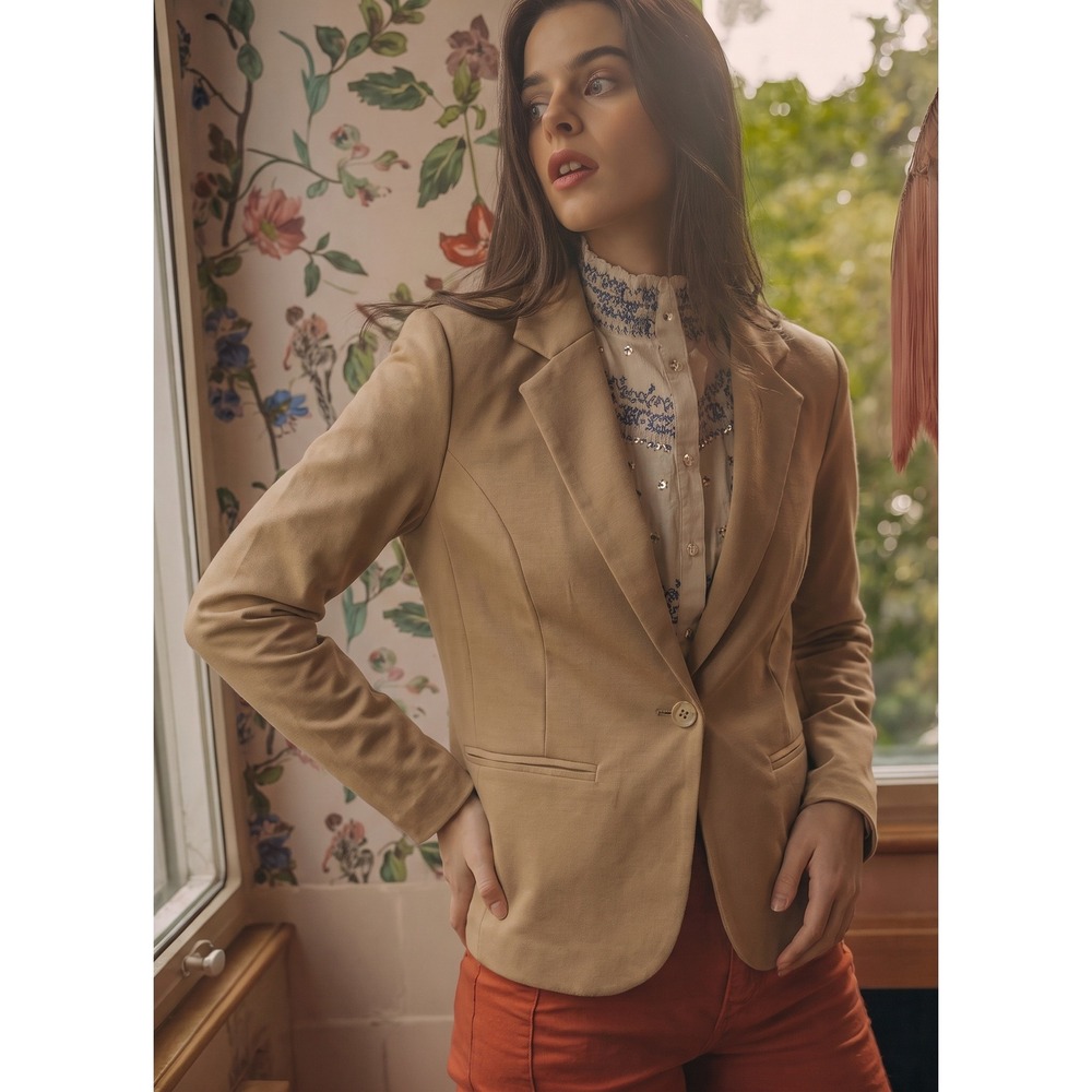 ICHI IHKATE Blazer Women Small Tannin Tan Single Button Stretch Professional